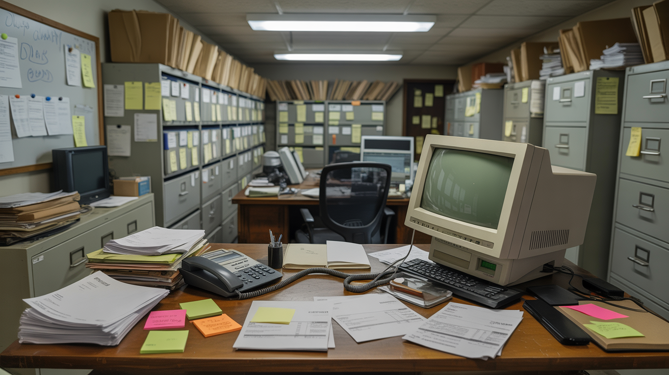 Summit Mechanical office before AI transformation — cluttered desk with paper systems